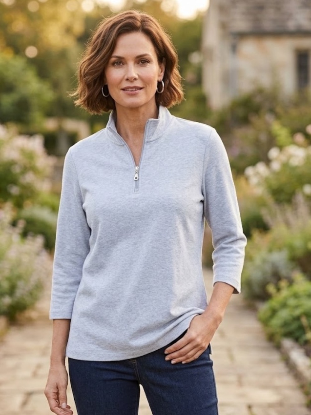 Karen Scott Heather Blue Quarter-Zip Pullover Top